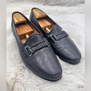 SANTONI Men’s Woven Leather Loafer Size 11 D Black braided dress shoes